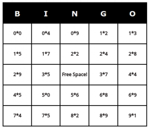 multiplication bingo cards