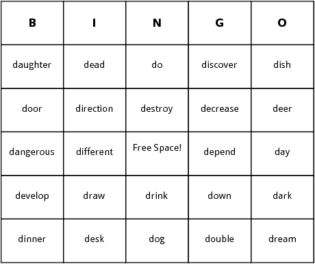  d words bingo cards
