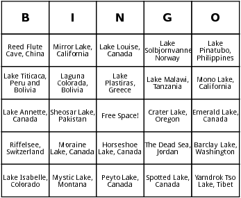 25 most beautiful lakes of the world bingo cards