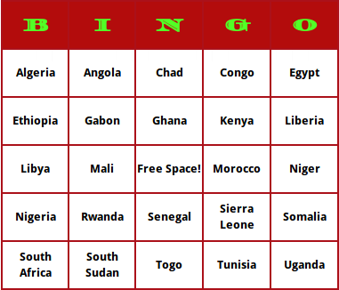 african countries bingo cards