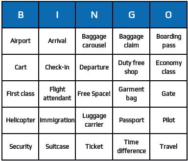airport terms bingo cards