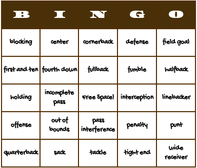 american football bingo cards