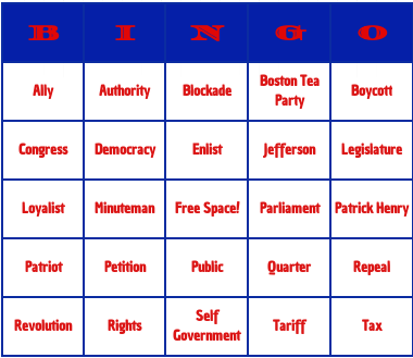 american revolution bingo cards