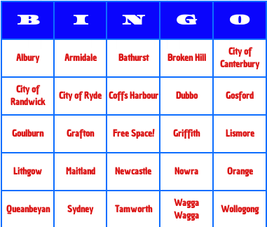 Australian cities bingo cards