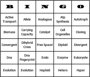 biology terms bingo cards