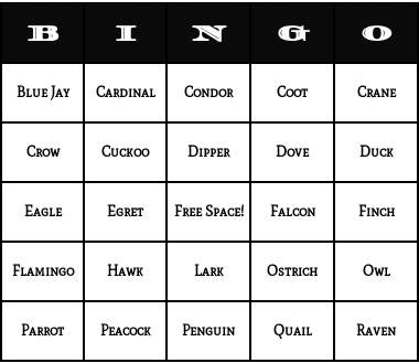 brids bingo cards