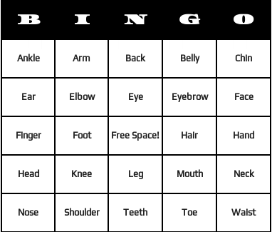 body parts bingo cards