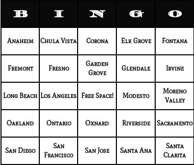 california cities bingo cards