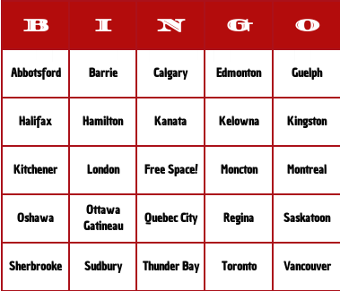 Canadian cities bingo cards