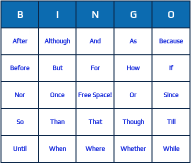 conjunctions bingo cards