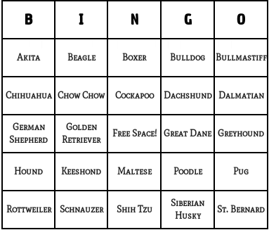 dog breeds bingo cards