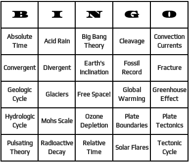 earth science bingo cards