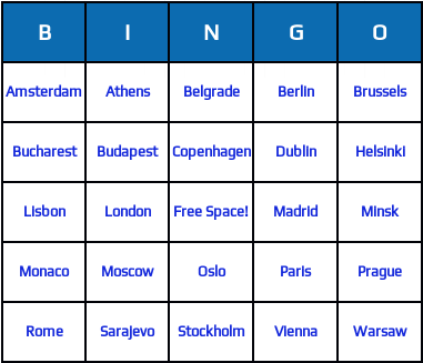 European capitals bingo cards