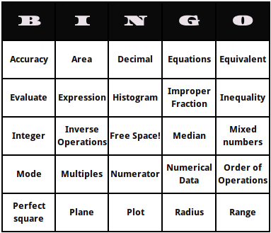  fifth grade math terms bingo cards