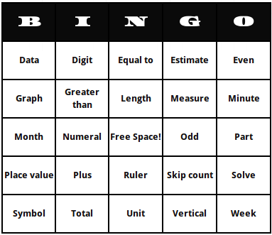 first grade math terms bingo cards