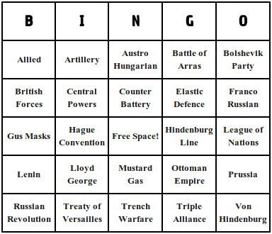 first world war bingo cards