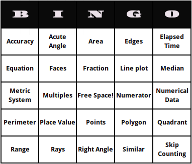 fourth grade math terms bingo cards