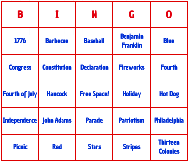 Fourth of July bingo cards