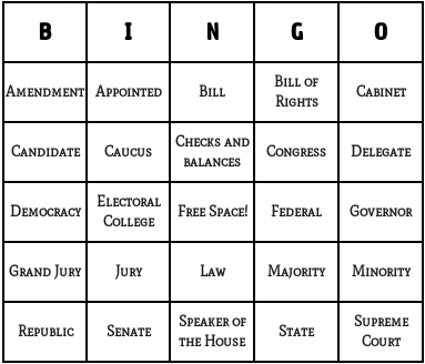 government and political bingo cards