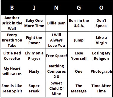 greatest songs of the past 30 years bingo cards