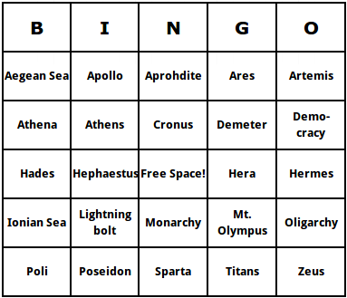 Greek mythology bingo cards