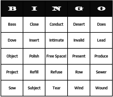 heteronyms bingo cards