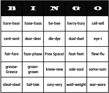 homonyms bingo cards