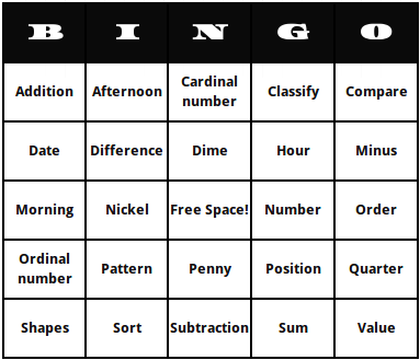 Kindergarten math terms bingo cards