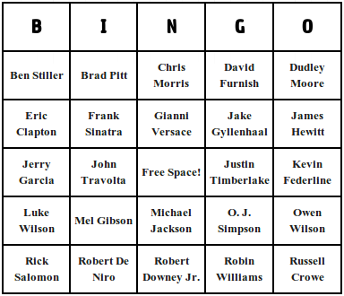 Celebrity Photo Games on These Male Celebrity Bingo Cards Include Words Of Famous Men Movie