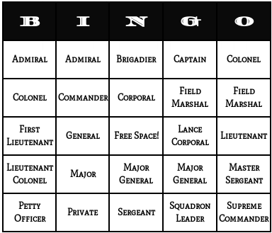 military ranks bingo cards