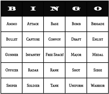 military terms bingo cards