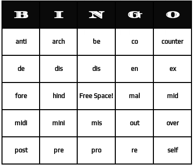 native prefixes bingo cards