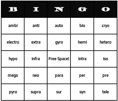 Neo-classical prefixes bingo cards