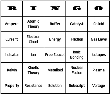 physical science bingo cards