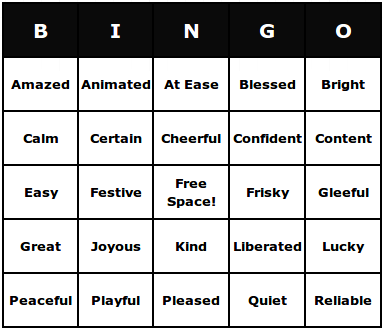 pleasant feelings bingo cards