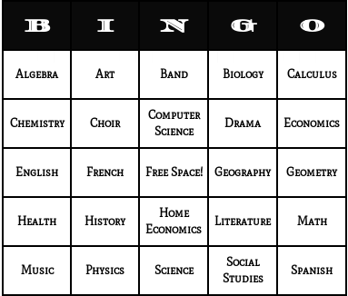 school subjects bingo cards