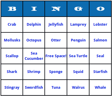 sea animals bingo cards