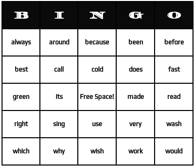 second grade Dolch sight bingo cards