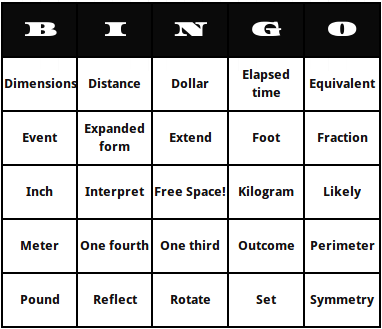 second grade math terms bingo cards