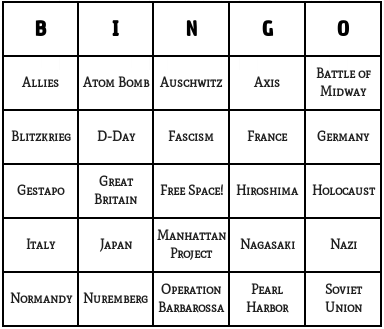 second world war bingo cards