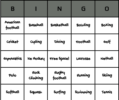 sport types bingo cards