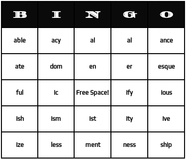 suffixes bingo cards