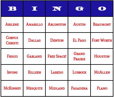 texas cities bingo cards