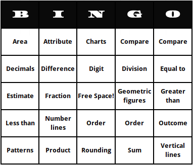 Third grade math terms bingo cards