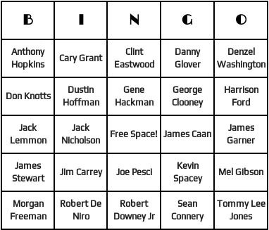 top 25 actors bingo cards