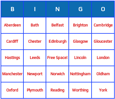 United Kingdon cities bingo cards