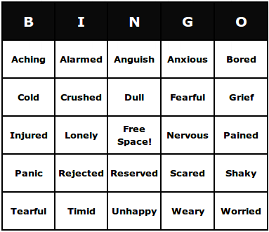 unpleasant feelings bingo cards