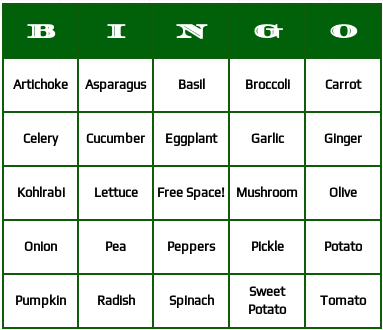 vegetables bingo cards