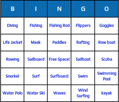 water sports bingo cards