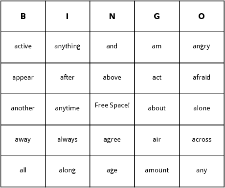 a words bingo cards